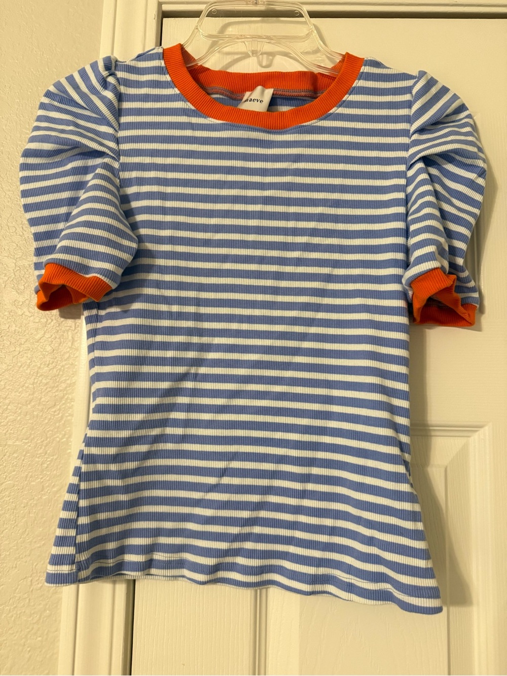Maeve Blue & White Striped Puff-Sleeve Tee with Bright Orange Trim